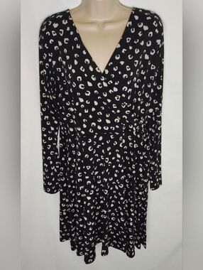 Black Leopard-Print Side-Tie Long Sleeve Dress